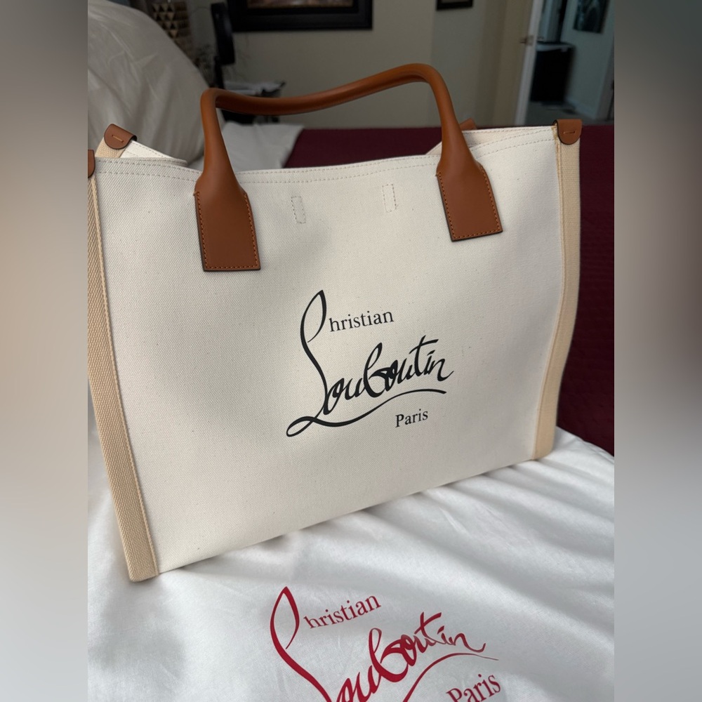 Christian Louboutin White and Tan Tote Bag
